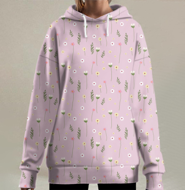 Нежный розовый узор с полевыми цветами для вдохновения, Hoodie Long Oversize 3D