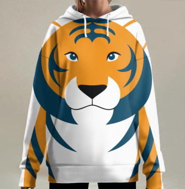 Оранжевый синий тигр голова крупным планом, Hoodie Long Oversize 3D