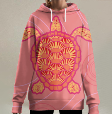 Оранжевая черепаха плывущая на розовом фоне, Hoodie Long Oversize 3D