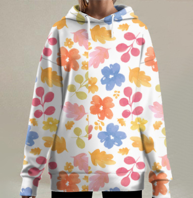 Мягкие пастельные цветы листья акварель на белом фоне, Hoodie Long Oversize 3D