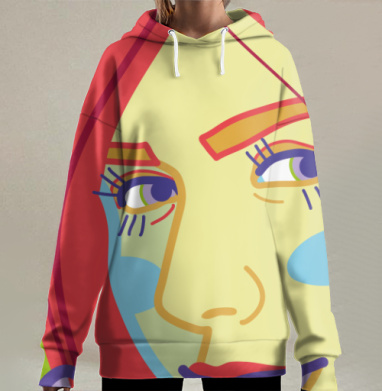 Женское лицо с котом в ярких цветах на фоне, Hoodie Long Oversize 3D