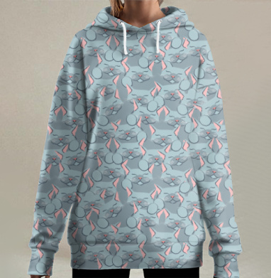 Голубой кролик с нежными акцентами мягкий уют, Hoodie Long Oversize 3D