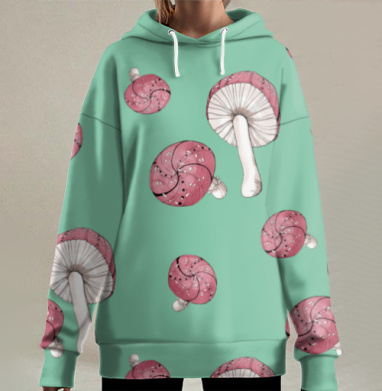 Мухоморы розовые на пастельно зеленом фоне для ткани бумаги, Hoodie Long Oversize 3D