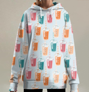 Светлые напитки пластиковых стаканах с трубочками для питья, Hoodie Long Oversize 3D