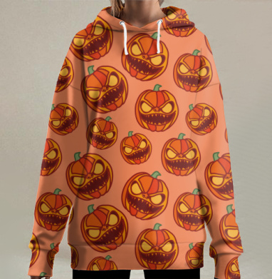 Оранжевые злые тыквы с лицами веселые Хэллоуин узор, Hoodie Long Oversize 3D