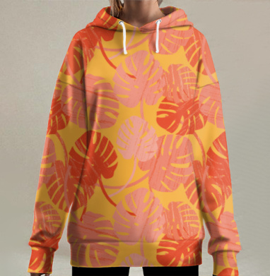 Яркий оранжевый узор с большими экзотическими листьями, Hoodie Long Oversize 3D