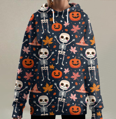 Веселый танцующий скелет и тыква / Happy skeleton and pumpkin Halloween, Hoodie Long Oversize 3D