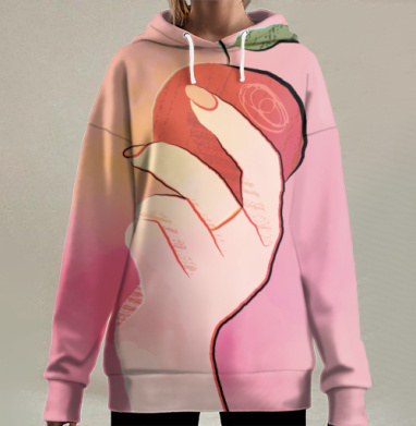 Нежная рука держит красное яблоко на розовом фоне, Hoodie Long Oversize 3D