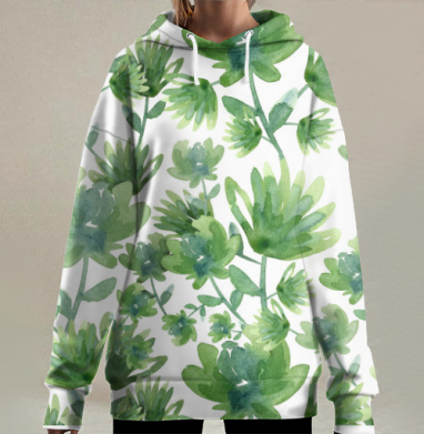 Акварельные зеленые цветы на белом фоне, Hoodie Long Oversize 3D