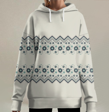 Синий декоративный орнамент с цветами на светло сером фоне, Hoodie Long Oversize 3D