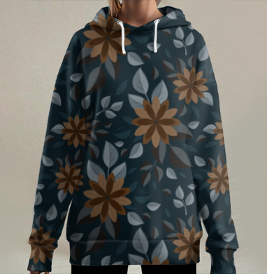 Коричневые цветы с листьями на темно синем фоне, Hoodie Long Oversize 3D