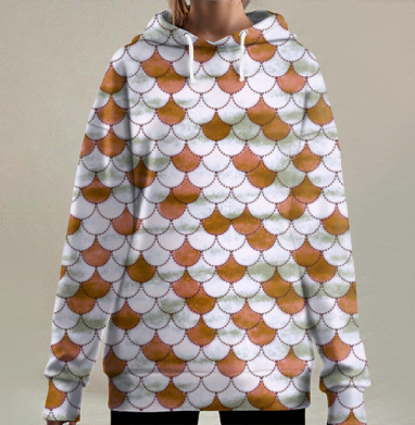 Золотистые чешуйки на белом фоне плавный узор, Hoodie Long Oversize 3D
