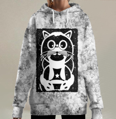 Чёрно белый кот в космосе космическая вселенная фон, Hoodie Long Oversize 3D