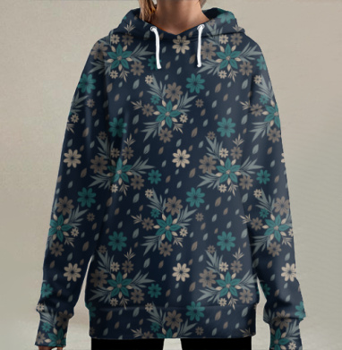 Декоративный паттерн Ночной сад в приглушённых тонах, Hoodie Long Oversize 3D