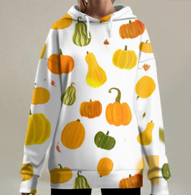 Осенний урожай тыквы и плодов на белом фоне, Hoodie Long Oversize 3D