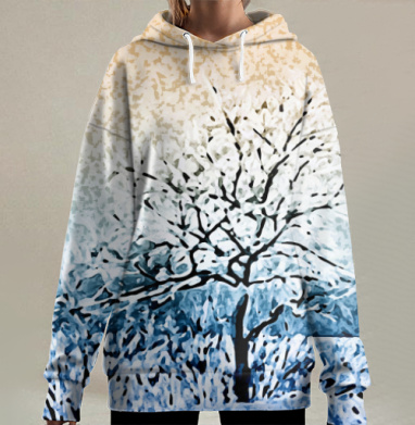 Зимнее дерево снег тишина, Hoodie Long Oversize 3D
