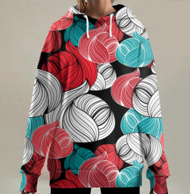 Красно белый бирюзовый абстрактный узор цветов жизни, Hoodie Long Oversize 3D