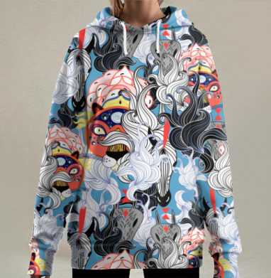 Яркий узор с мифическими животными и этнической графикой, Hoodie Long Oversize 3D