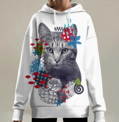 Реалистичная Голова Кота в Абстрактной Цветочной Композиции, Hoodie Long Oversize 3D