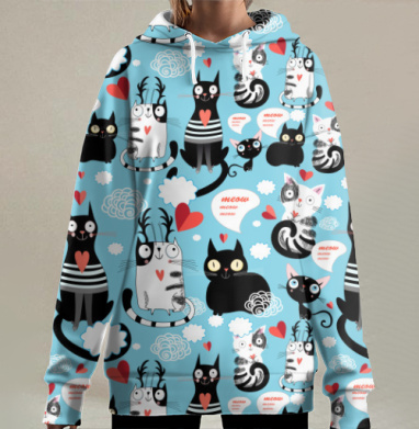 Забавные кошки в ярких мультяшных образах, Hoodie Long Oversize 3D