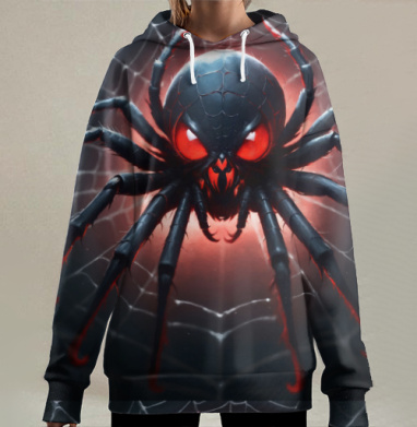 Жуткий мультяшный паук на паутине контрастный красный черный, Hoodie Long Oversize 3D