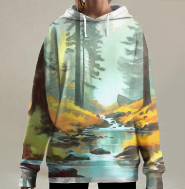 Осенний лес река природа спокойствие умиротворение, Hoodie Long Oversize 3D