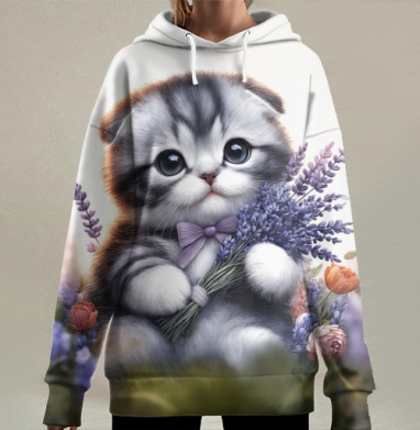 Полосатый шотландский котенок с лавандой и цветами в поле, Hoodie Long Oversize 3D