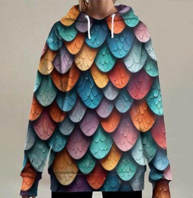 Яркая красочная чешуя с бликами чешуек, Hoodie Long Oversize 3D