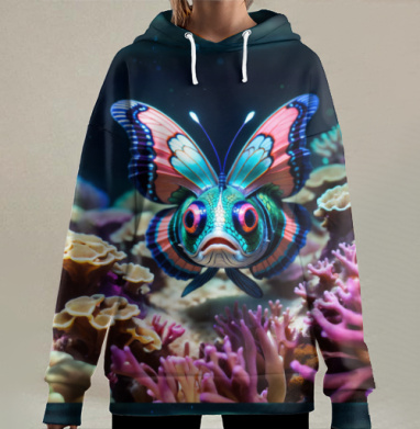 Фантастическая рыба с крыльями бабочки в кораллах подводного мира, Hoodie Long Oversize 3D