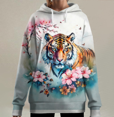 Тигр в цветочной гармонии – акварельная магия, Hoodie Long Oversize 3D