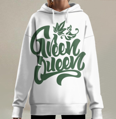 Зеленая королева листья графический каллиграфия современные линии, Hoodie Long Oversize 3D
