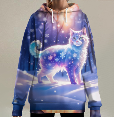 Белый кот зимой в зимнем лесу снегопадом вместе, Hoodie Long Oversize 3D
