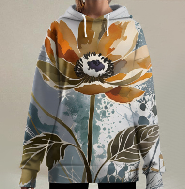 Оранжевый мак в окружении ярких брызг красок Абстрактный цветок, Hoodie Long Oversize 3D