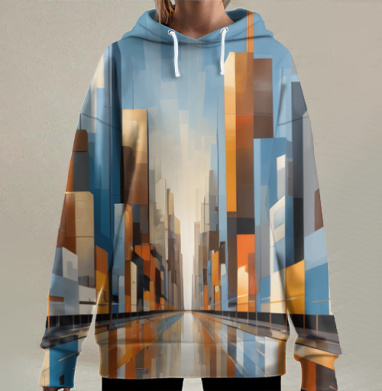 Абстрактный городской пейзаж с небоскребами и отражениями в воде, Hoodie Long Oversize 3D