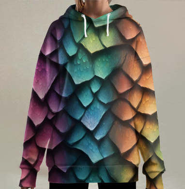 Радужные чешуйки переливаются создавая узор чешуи, Hoodie Long Oversize 3D
