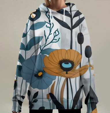 Дикие горчичные маки и синие полевые цветы Botanical floral pattern, Hoodie Long Oversize 3D