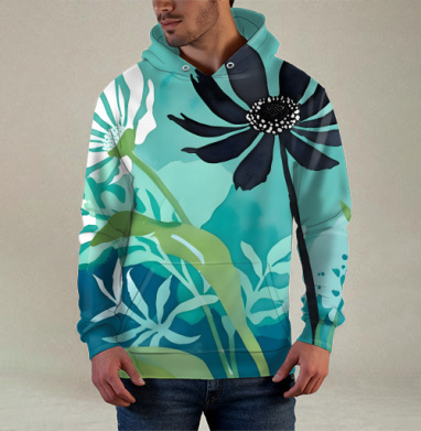 Modern Teal Floral Composition / Абстрактная бирюзовая цветочная композиция, Худи / Мужская / С карманом / 3D