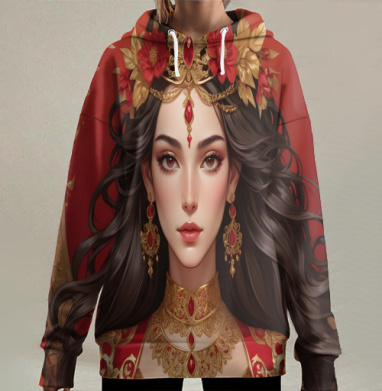 Восточная красавица в красном и золоте, образ принцессы, Hoodie Long Oversize 3D