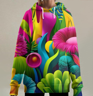 Яркий фантастический мир экзотических растений и цветов, Hoodie Long Oversize 3D