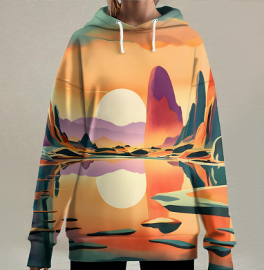 Surreal Mountains on Lake – Сюрреалистичные горы озеро пейзаж заката, Hoodie Long Oversize 3D