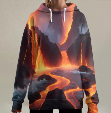 Извержение вулкана сливается с водными потоками, Hoodie Long Oversize 3D