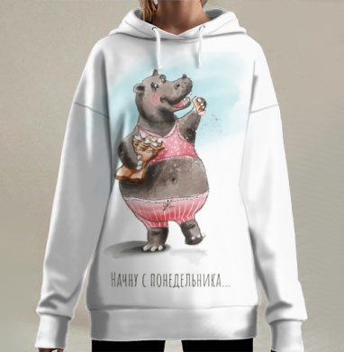 Веселый бегемот с пончиками и розовой одеждой ночку, Hoodie Long Oversize 3D