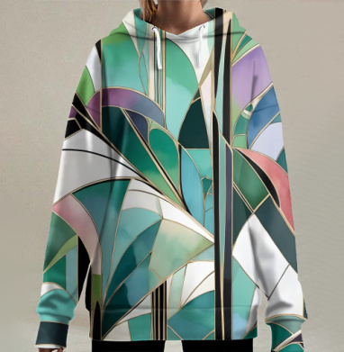 Абстрактный узор ар-деко с плавными линиями, зелеными оттенками, Hoodie Long Oversize 3D