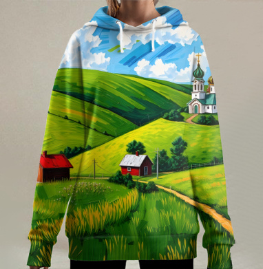 Village Summer Landscape - Летний сельский пейзаж с золотыми куполами церкви, Hoodie Long Oversize 3D