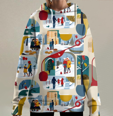 Winter City Stories / Стилизованные прогулки украшают праздничный зимний вечер, Hoodie Long Oversize 3D