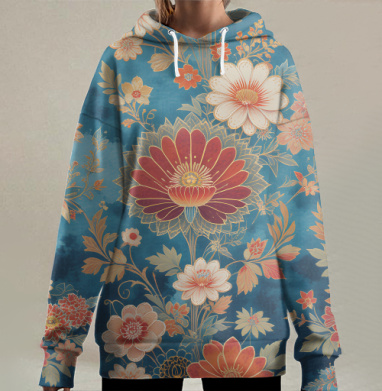 Насыщенный цветочный орнамент на глубоком синем фоне, Hoodie Long Oversize 3D
