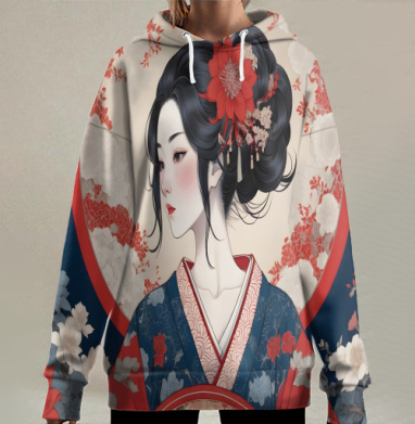 Япония девушка в цветах, Hoodie Long Oversize 3D
