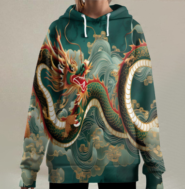 Величественный восточный дракон парит облаками неба, Hoodie Long Oversize 3D