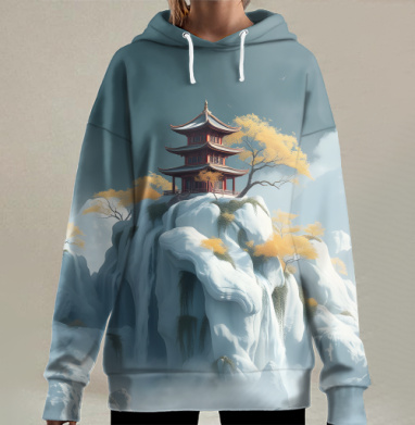 Японский горный пейзаж, Hoodie Long Oversize 3D