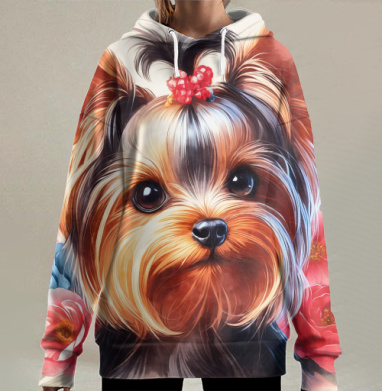 Портрет йоркширского терьера с яркими цветами в композиции, Hoodie Long Oversize 3D